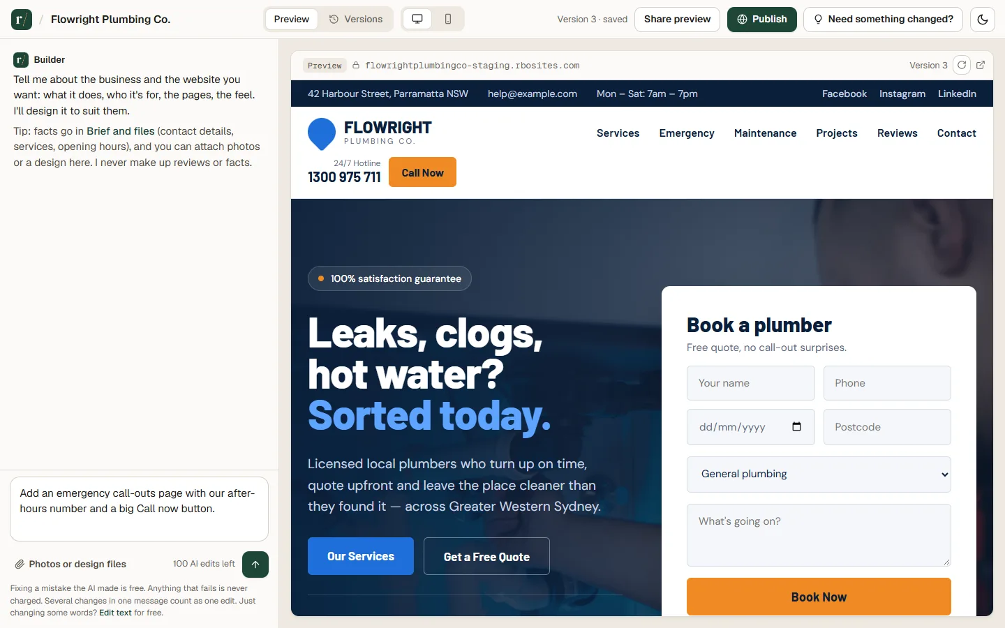 The RBO Build builder: the chat on the left and the GreenEdge Gardens website preview on the right